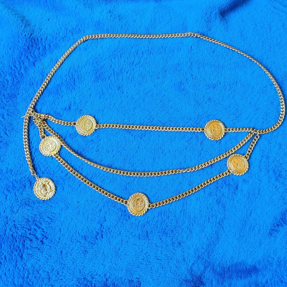Medusa Face Egyptian Revival Gold Tone Coin Layered Chain Link Belt Designer